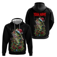 Custom Christmas Bass Fishing Hoodie Santa Hat and Holiday Lights on Black Background - Wonder Print Shop