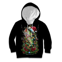Custom Christmas Bass Fishing Kid Hoodie Santa Hat and Holiday Lights on Black Background - Wonder Print Shop