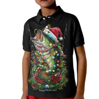 Custom Christmas Bass Fishing Kid Polo Shirt Santa Hat and Holiday Lights on Black Background - Wonder Print Shop