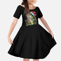 Custom Christmas Bass Fishing Kid Short Sleeve Dress Santa Hat and Holiday Lights on Black Background - Wonder Print Shop