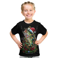 Custom Christmas Bass Fishing Kid T Shirt Santa Hat and Holiday Lights on Black Background - Wonder Print Shop