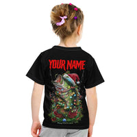 Custom Christmas Bass Fishing Kid T Shirt Santa Hat and Holiday Lights on Black Background - Wonder Print Shop
