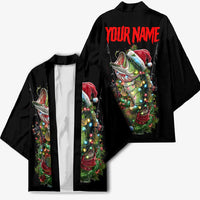Custom Christmas Bass Fishing Kimono Santa Hat and Holiday Lights on Black Background - Wonder Print Shop