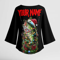 Custom Christmas Bass Fishing Kimono Sleeve Blouse Santa Hat and Holiday Lights on Black Background - Wonder Print Shop