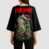 Custom Christmas Bass Fishing Kimono Sleeve Blouse Santa Hat and Holiday Lights on Black Background - Wonder Print Shop