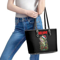 Custom Christmas Bass Fishing Leather Tote Bag Santa Hat and Holiday Lights on Black Background - Wonder Print Shop