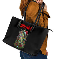 Custom Christmas Bass Fishing Leather Tote Bag Santa Hat and Holiday Lights on Black Background - Wonder Print Shop