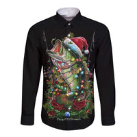 Custom Christmas Bass Fishing Long Sleeve Button Shirt Santa Hat and Holiday Lights on Black Background - Wonder Print Shop