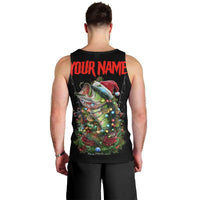 Custom Christmas Bass Fishing Men Tank Top Santa Hat and Holiday Lights on Black Background - Wonder Print Shop