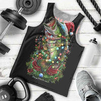Custom Christmas Bass Fishing Men Tank Top Santa Hat and Holiday Lights on Black Background - Wonder Print Shop