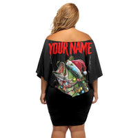 Custom Christmas Bass Fishing Off Shoulder Short Dress Santa Hat and Holiday Lights on Black Background - Wonder Print Shop