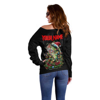 Custom Christmas Bass Fishing Off Shoulder Sweater Santa Hat and Holiday Lights on Black Background - Wonder Print Shop