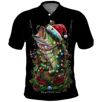 Custom Christmas Bass Fishing Polo Shirt Santa Hat and Holiday Lights on Black Background - Wonder Print Shop