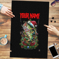 Custom Christmas Bass Fishing Puzzle Santa Hat and Holiday Lights on Black Background - Wonder Print Shop