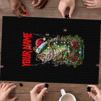 Custom Christmas Bass Fishing Puzzle Santa Hat and Holiday Lights on Black Background - Wonder Print Shop