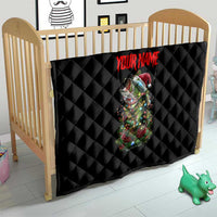 Custom Christmas Bass Fishing Quilt Santa Hat and Holiday Lights on Black Background - Wonder Print Shop