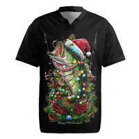 Custom Christmas Bass Fishing Rugby Jersey Santa Hat and Holiday Lights on Black Background - Wonder Print Shop