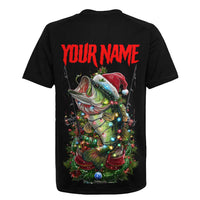 Custom Christmas Bass Fishing Rugby Jersey Santa Hat and Holiday Lights on Black Background - Wonder Print Shop