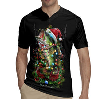 Custom Christmas Bass Fishing Rugby Jersey Santa Hat and Holiday Lights on Black Background - Wonder Print Shop
