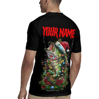 Custom Christmas Bass Fishing Rugby Jersey Santa Hat and Holiday Lights on Black Background - Wonder Print Shop