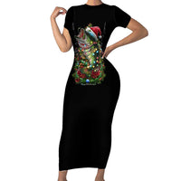 Custom Christmas Bass Fishing Short Sleeve Bodycon Dress Santa Hat and Holiday Lights on Black Background - Wonder Print Shop