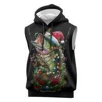 Custom Christmas Bass Fishing Sleeveless Hoodie Santa Hat and Holiday Lights on Black Background - Wonder Print Shop