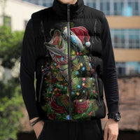 Custom Christmas Bass Fishing Sleeveless Puffer Jacket Santa Hat and Holiday Lights on Black Background - Wonder Print Shop