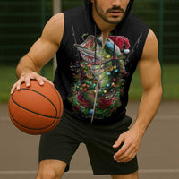 Custom Christmas Bass Fishing Sleeveless Zip Hoodie Santa Hat and Holiday Lights on Black Background - Wonder Print Shop