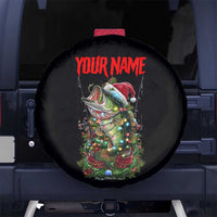 Custom Christmas Bass Fishing Spare Tire Cover Santa Hat and Holiday Lights on Black Background - Wonder Print Shop