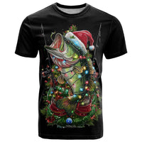 Custom Christmas Bass Fishing T Shirt Santa Hat and Holiday Lights on Black Background - Wonder Print Shop
