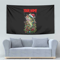 Custom Christmas Bass Fishing Tapestry Santa Hat and Holiday Lights on Black Background - Wonder Print Shop