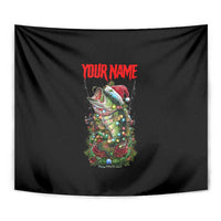 Custom Christmas Bass Fishing Tapestry Santa Hat and Holiday Lights on Black Background - Wonder Print Shop