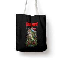 Custom Christmas Bass Fishing Tote Bag Santa Hat and Holiday Lights on Black Background - Wonder Print Shop