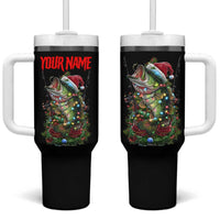 Custom Christmas Bass Fishing Tumbler With Handle Santa Hat and Holiday Lights on Black Background - Wonder Print Shop