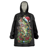 Custom Christmas Bass Fishing Wearable Blanket Hoodie Santa Hat and Holiday Lights on Black Background - Wonder Print Shop