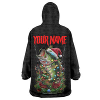 Custom Christmas Bass Fishing Wearable Blanket Hoodie Santa Hat and Holiday Lights on Black Background - Wonder Print Shop