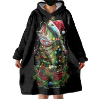 Custom Christmas Bass Fishing Wearable Blanket Hoodie Santa Hat and Holiday Lights on Black Background - Wonder Print Shop