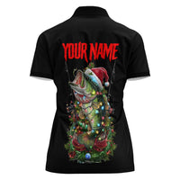 Custom Christmas Bass Fishing Women Polo Shirt Santa Hat and Holiday Lights on Black Background - Wonder Print Shop