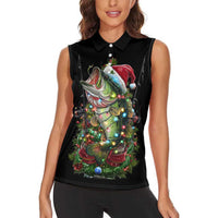 Custom Christmas Bass Fishing Women Sleeveless Polo Shirt Santa Hat and Holiday Lights on Black Background - Wonder Print Shop