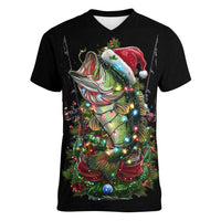 Custom Christmas Bass Fishing Women V-Neck T-Shirt Santa Hat and Holiday Lights on Black Background - Wonder Print Shop