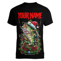 Custom Christmas Bass Fishing Women V-Neck T-Shirt Santa Hat and Holiday Lights on Black Background - Wonder Print Shop