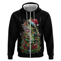 Custom Christmas Bass Fishing Zip Hoodie Santa Hat and Holiday Lights on Black Background - Wonder Print Shop