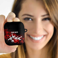 Red Bowling Ball and Pins Design AirPods Case with Fiery Smoke Background and Custom Team Name Text - Wonder Print Shop