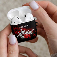 Red Bowling Ball and Pins Design AirPods Case with Fiery Smoke Background and Custom Team Name Text - Wonder Print Shop