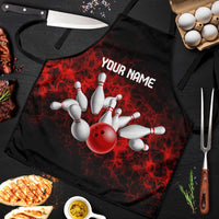 Red Bowling Ball and Pins Design Apron with Fiery Smoke Background and Custom Team Name Text - Wonder Print Shop