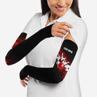 Red Bowling Ball and Pins Design Arm Sleeves with Fiery Smoke Background and Custom Team Name Text - Wonder Print Shop