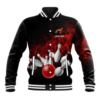 Red Bowling Ball and Pins Design Baseball Jacket with Fiery Smoke Background and Custom Team Name Text - Wonder Print Shop