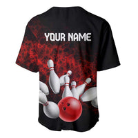 Red Bowling Ball and Pins Design Baseball Jersey with Fiery Smoke Background and Custom Team Name Text - Wonder Print Shop