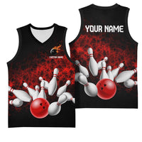 Red Bowling Ball and Pins Design Basketball Jersey with Fiery Smoke Background and Custom Team Name Text - Wonder Print Shop