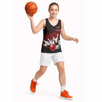 Red Bowling Ball and Pins Design Basketball Jersey with Fiery Smoke Background and Custom Team Name Text - Wonder Print Shop